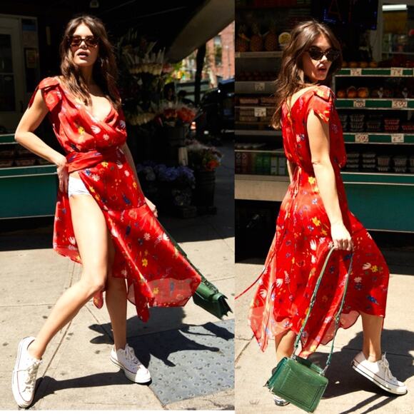 THE KOOPLES Motif Floral Midi Dress Handkerchief Hem Festival Coquette Boho Red - Picture 12 of 13